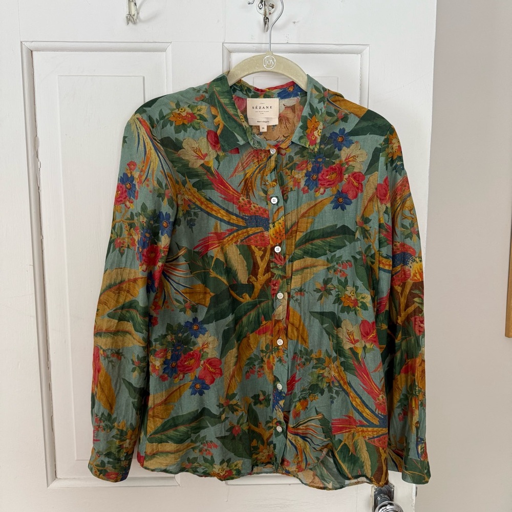 Sezane Pierro Blouse with Tropical Flowers and Birds